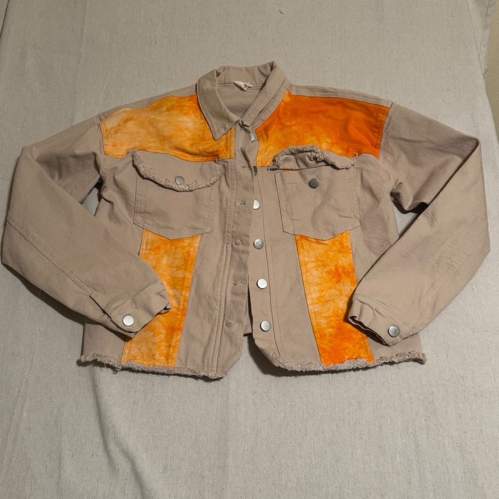 POL Tan Corduroy Tie Dye Contrast Raw Hem Trucker Jacket TWJ43 Small